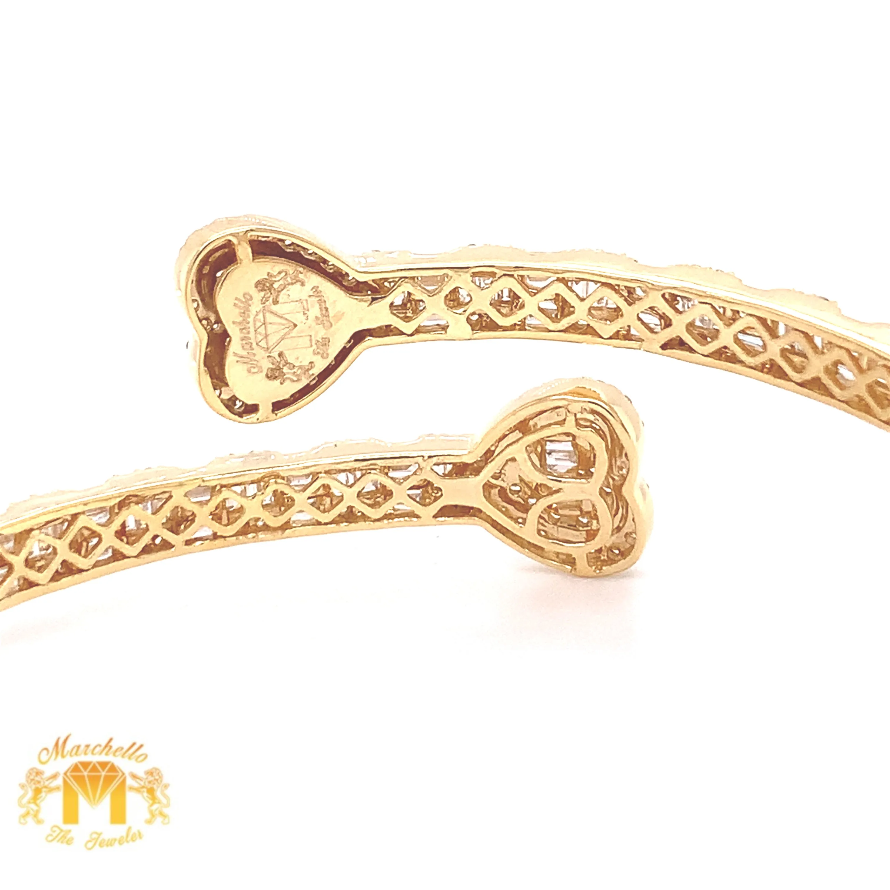 4ct Baguette and Round Diamond 14k Gold Twin Hearts Bangle Bracelet