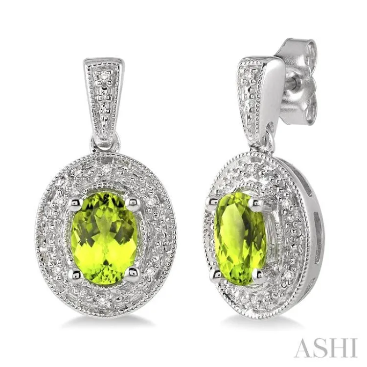 7x5 MM Oval Cut Peridot and 1/20 Ctw Single Cut Diamond Earrings in Sterling Silver