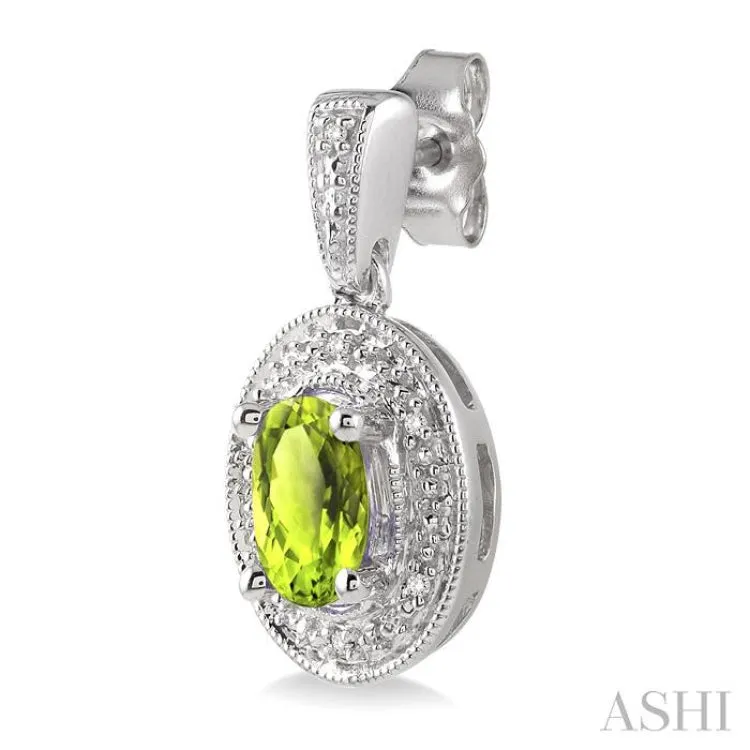 7x5 MM Oval Cut Peridot and 1/20 Ctw Single Cut Diamond Earrings in Sterling Silver