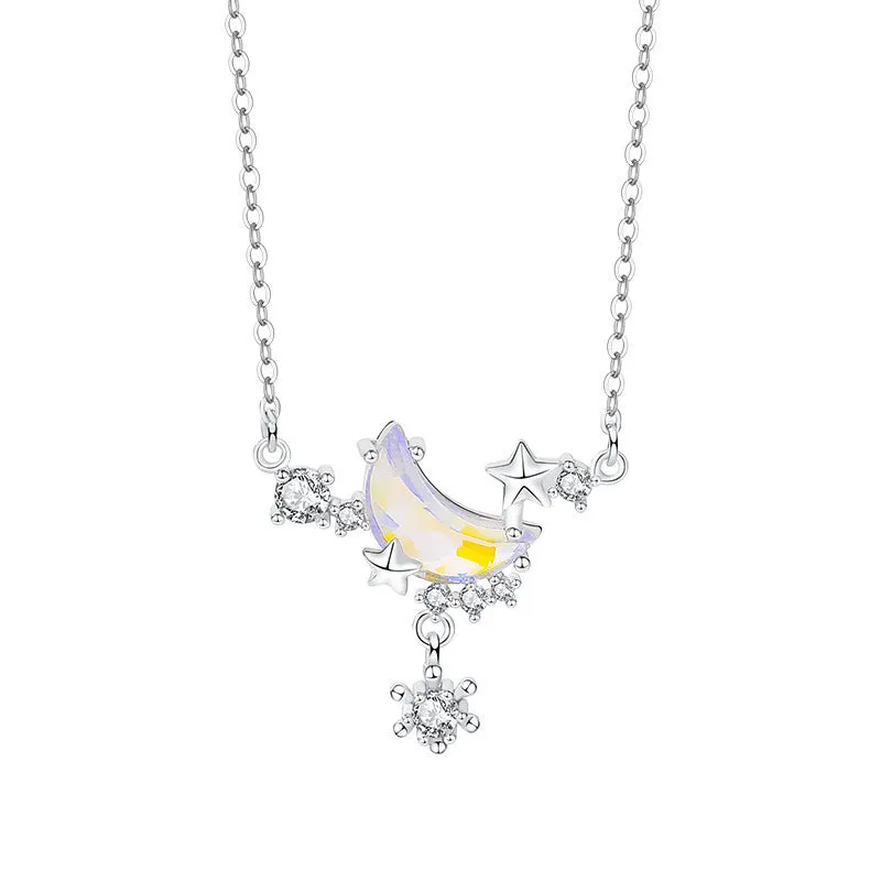 Silver star and moon necklace female star moon clavicle chain light luxury zircon fashion versatile cat pendant jewelry