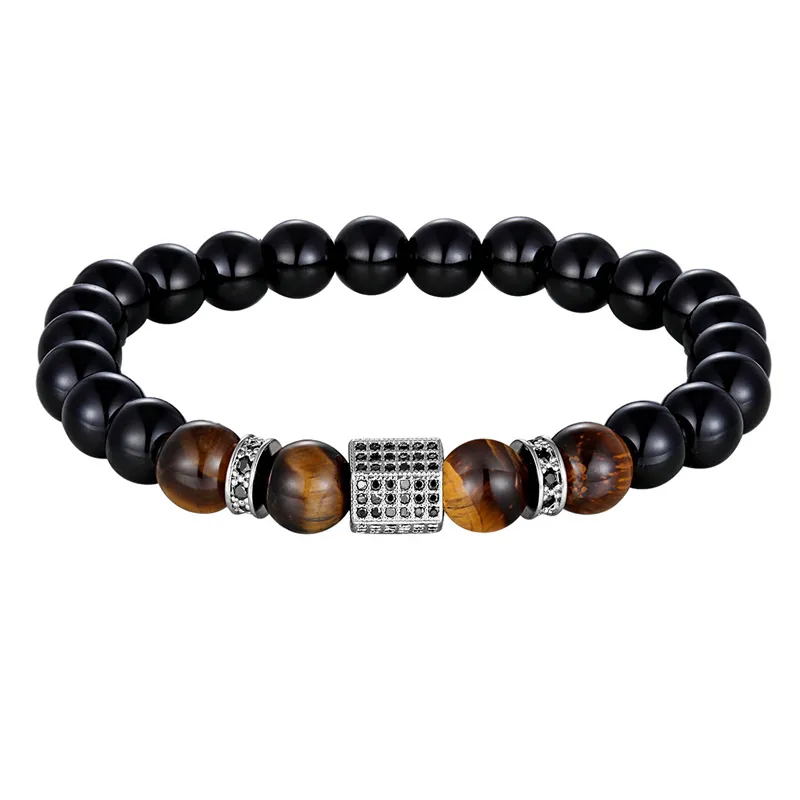 Vintage Cubic Zircon Bracelet for Men / Matte Onyx Stone and Tiger Eye Combination Jewelry