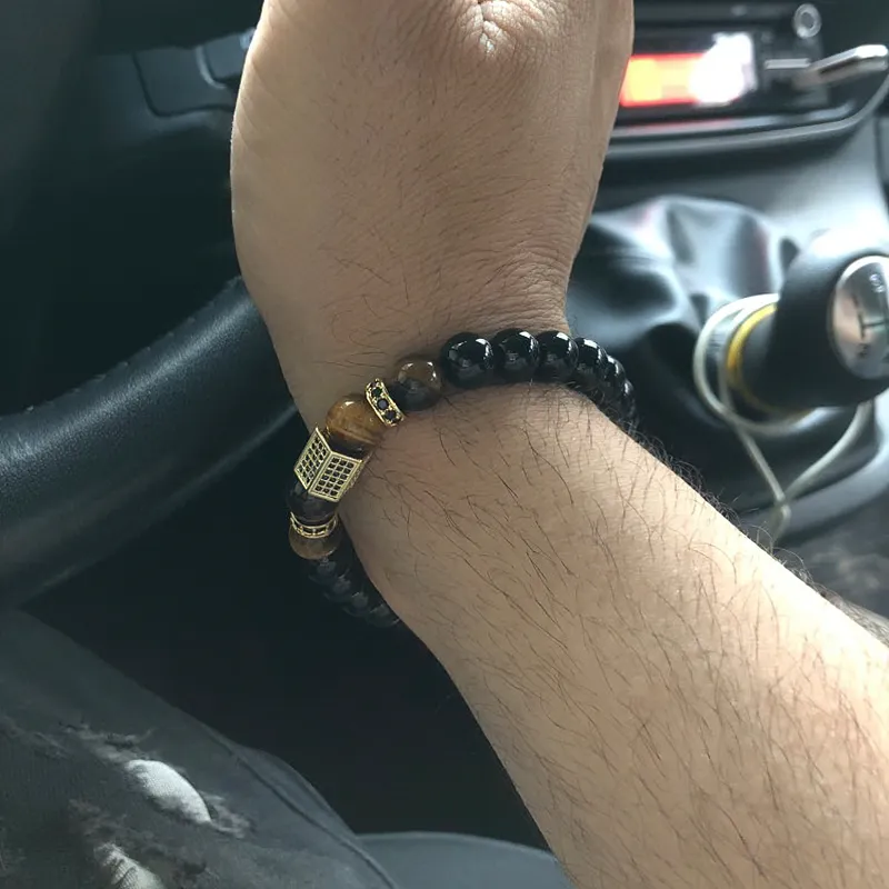 Vintage Cubic Zircon Bracelet for Men / Matte Onyx Stone and Tiger Eye Combination Jewelry