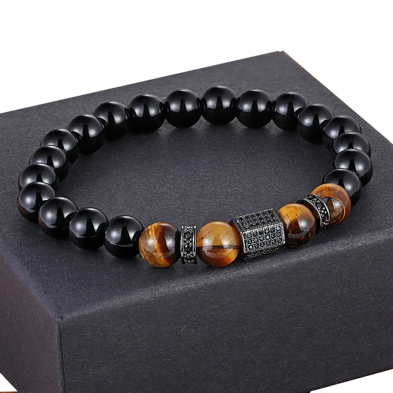 Vintage Cubic Zircon Bracelet for Men / Matte Onyx Stone and Tiger Eye Combination Jewelry