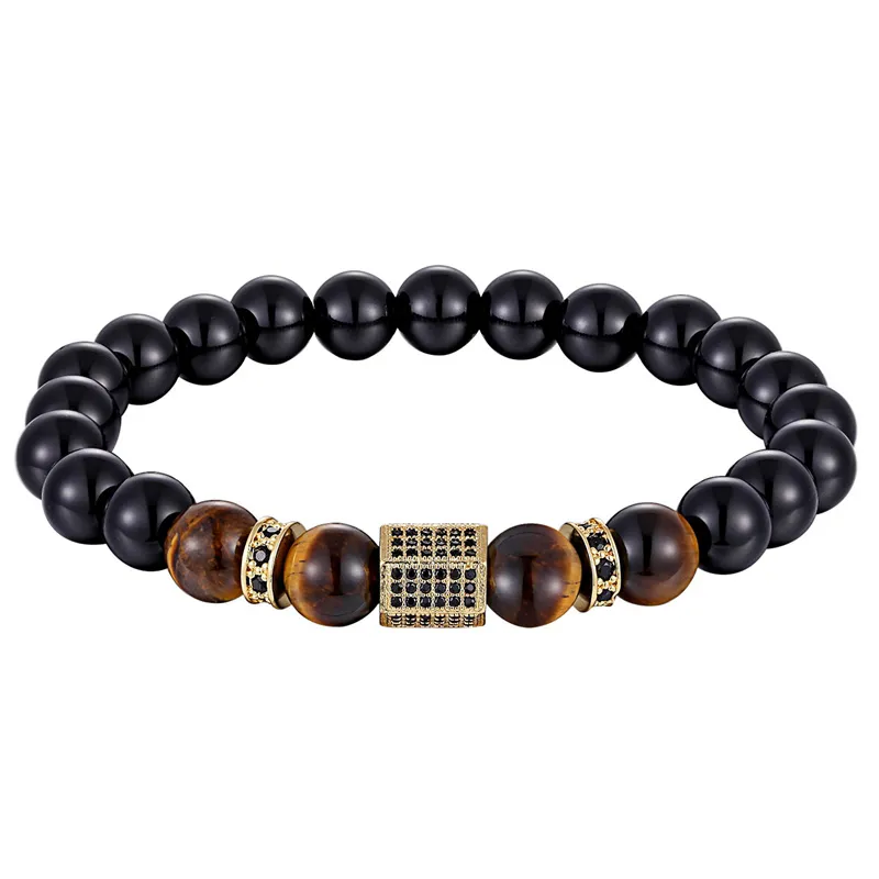 Vintage Cubic Zircon Bracelet for Men / Matte Onyx Stone and Tiger Eye Combination Jewelry