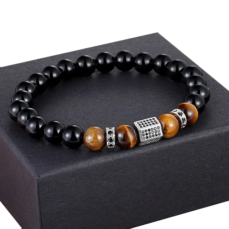 Vintage Cubic Zircon Bracelet for Men / Matte Onyx Stone and Tiger Eye Combination Jewelry