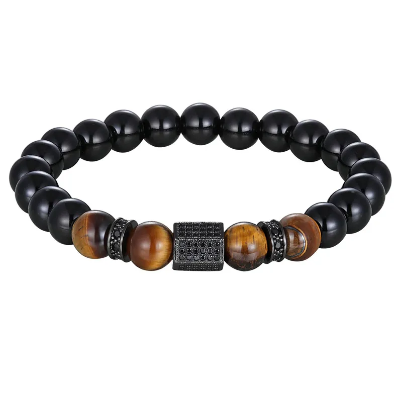 Vintage Cubic Zircon Bracelet for Men / Matte Onyx Stone and Tiger Eye Combination Jewelry