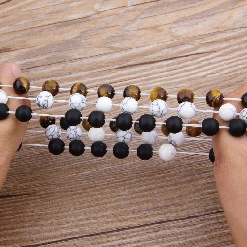 Vintage Cubic Zircon Bracelet for Men / Matte Onyx Stone and Tiger Eye Combination Jewelry