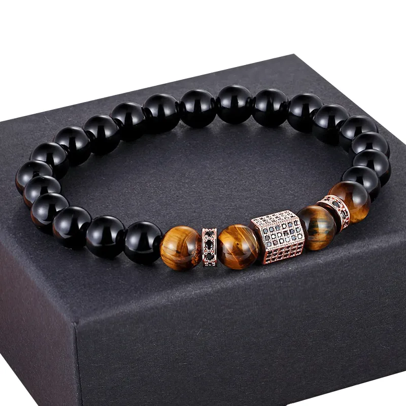 Vintage Cubic Zircon Bracelet for Men / Matte Onyx Stone and Tiger Eye Combination Jewelry