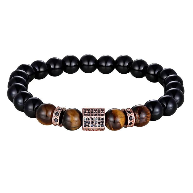 Vintage Cubic Zircon Bracelet for Men / Matte Onyx Stone and Tiger Eye Combination Jewelry